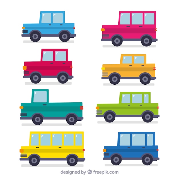 Gratis vector zijaanzicht van acht platte auto's