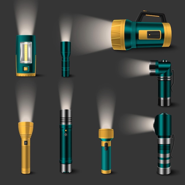 Gratis vector zijaanzicht van groene en gele zaklampen met projectie lichtstraal realistische set vectorillustratie