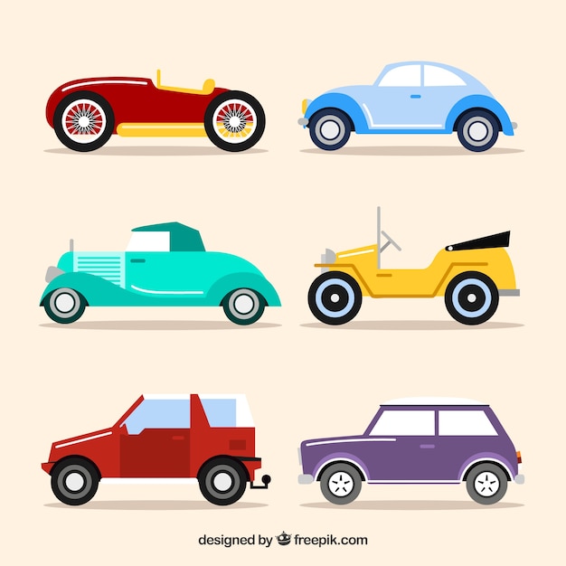 Gratis vector zijaanzicht van vintage platte auto's