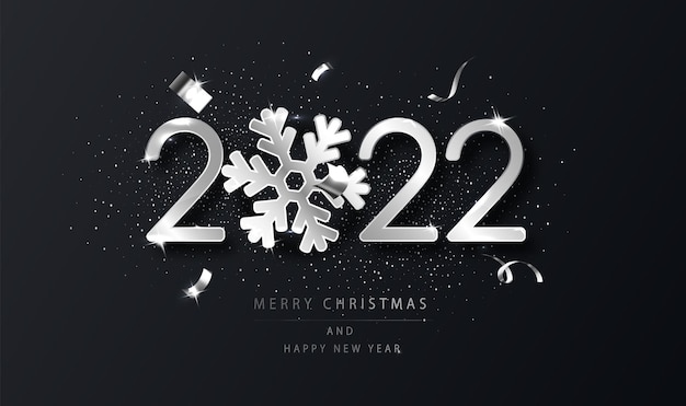 Zilveren 2022 Happy New Year achtergrond met sneeuwvlok. Zwarte nieuwjaarsachtergrond met wensen. Sjabloon voor vakantie ontwerp kaart, banner.