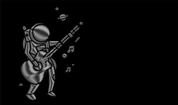 Zilveren astronaut in het spelen van gitaar, deeltje vectorillustratie.