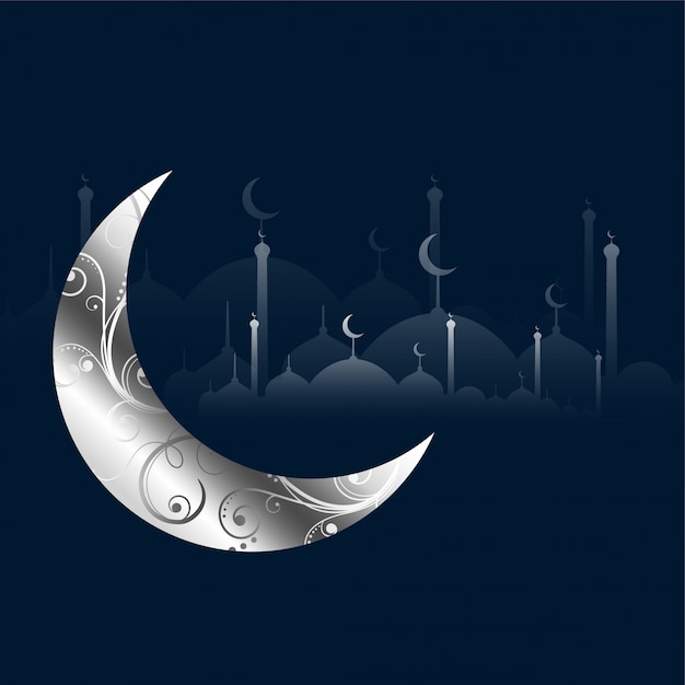 Gratis vector zilveren decoratieve maan en islamitische moskee