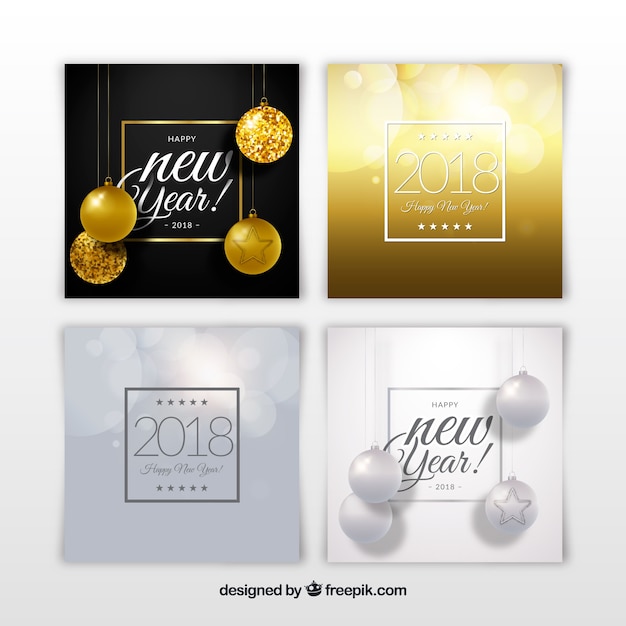Gratis vector zilveren en gouden nieuwe jaar 2018 kaarten met kerstmisballen