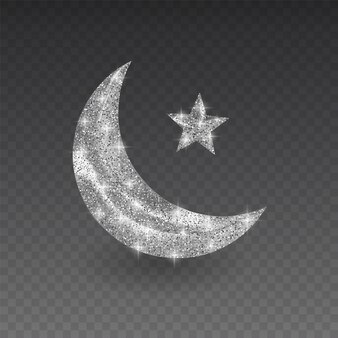Zilveren moslimmaand met glinsterende textuur op transparante achtergrond, illustratie