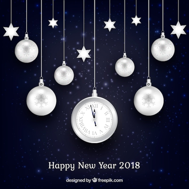Zilveren nieuw jaar 2018 achtergrond met kerstballen