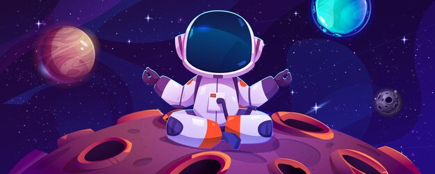 Zittend astronaut op maan en ruimte yoga meditatie vectorillustratie Komische ruimtevaarder tekening sterrenbeeld achtergrond Buitenste planeet of ster astronomie behang Kinderachtig personage ontspannen op meteoor