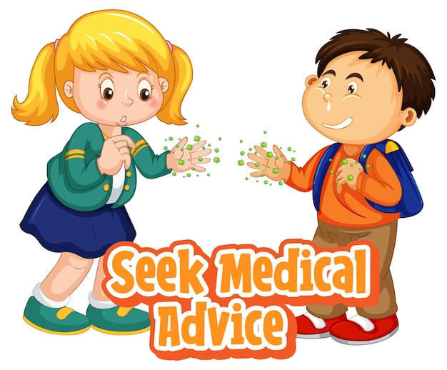 Zoek medisch advies lettertype in cartoon-stijl met twee kinderen houden geen sociale afstand geïsoleerd op een witte achtergrond