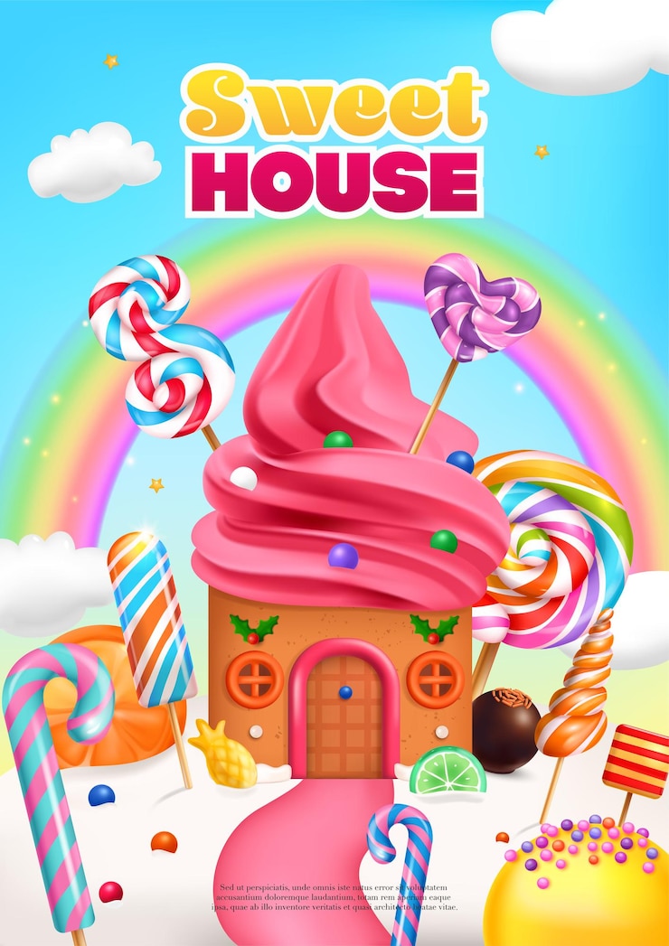 Gratis Vector zoet huis realistische gekleurde poster met sprookjesachtige peperkoek huis versierd met ijs en snoep cartoon vector illustratie