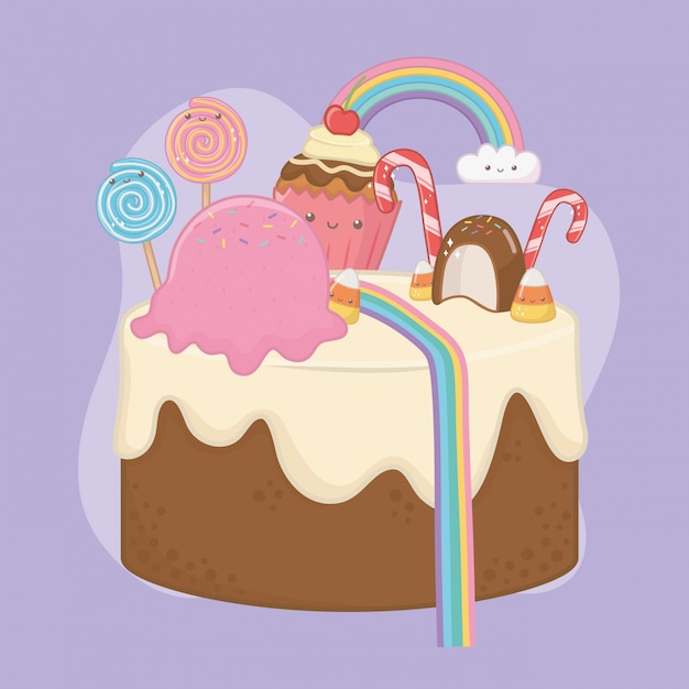 Gratis vector zoete cake van chocoladeroom met kawaiikarakters