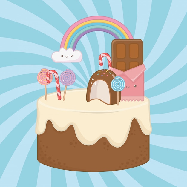 Gratis vector zoete cake van chocoladeroom met kawaiikarakters