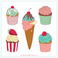 Gratis vector zoete desserts collectie in de hand getrokken stijl