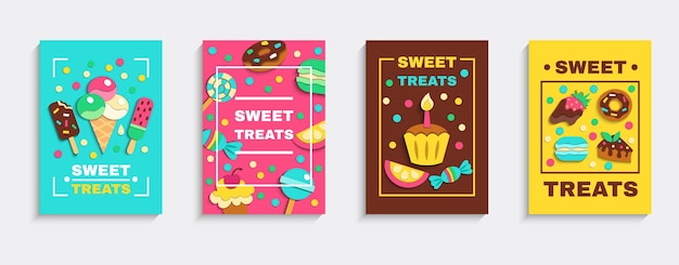Zoete gebakken desserts ijs snoepjes partij behandelt 4 kleurrijke zoetwaren advertentie posters geplaatst geïsoleerde vectorillustratie