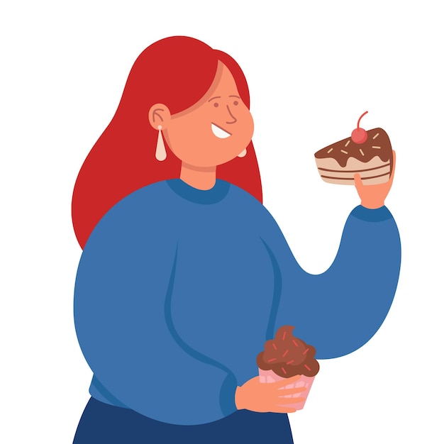 Zoete tand dame die chocoladecake en cupcake eet. Glimlachende volwassen vrouwelijke persoon die dik wordt die op ongezonde voeding vlakke vectorillustratie houdt. Ongezond voedsel, snoep en bakkerijproductieconcept