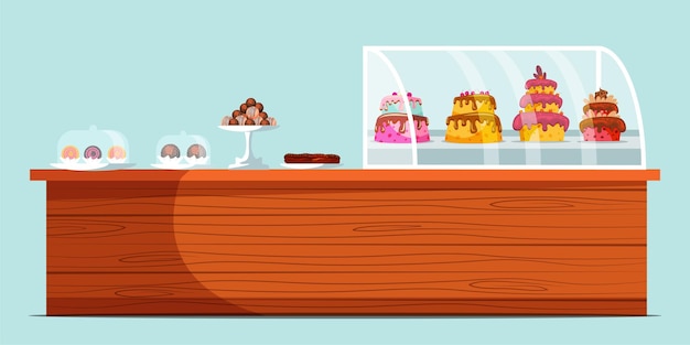 Gratis vector zoetwaren showcase tafel met heerlijk dessert snoepwinkel assortiment cafetaria teller geïsoleerd op blauwe achtergrond patisserie bakkerij interieur design