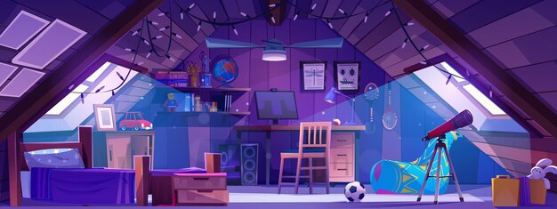 zolder kind slaapkamer interieur in de ochtend cartoon achtergrond kind huis op zolder met raam telescoop bed computer en tafel plank voor boek in het gebouw met foto binnen gezellig tiener huis ontwerp