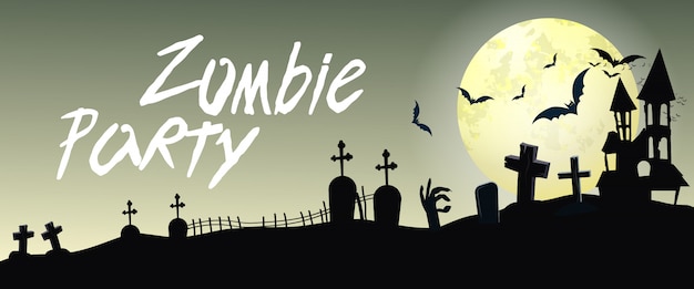 Gratis vector zombie partij belettering met begraafplaats en maan