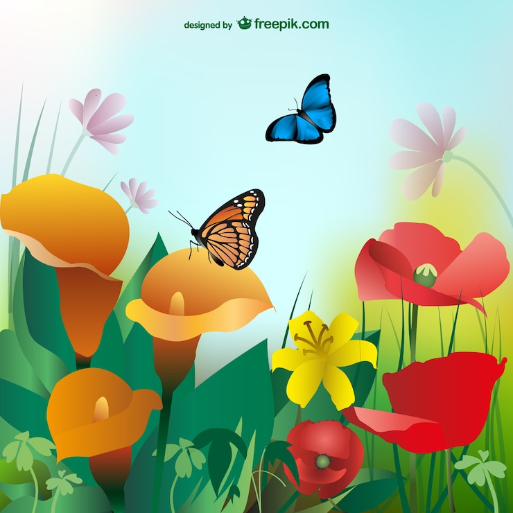 Gratis Vector zomer achtergrond met kleurrijke bloemen en vlinders