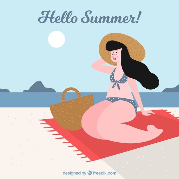 Gratis vector zomer achtergrond met meisje zonnebaden