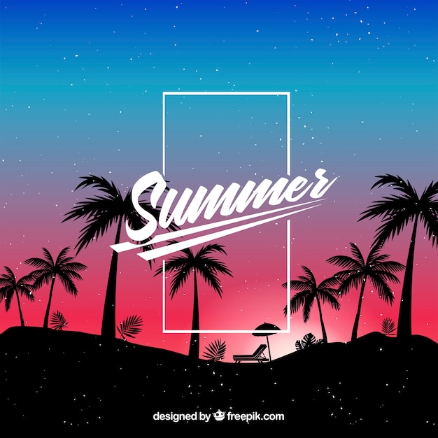 Gratis vector zomer achtergrond met palm silhouetten in de nacht