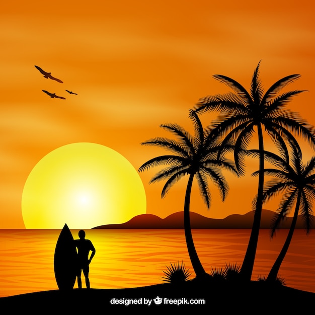 Gratis vector zomer achtergrondgeluid met zonsondergang en palm bomen silhouet