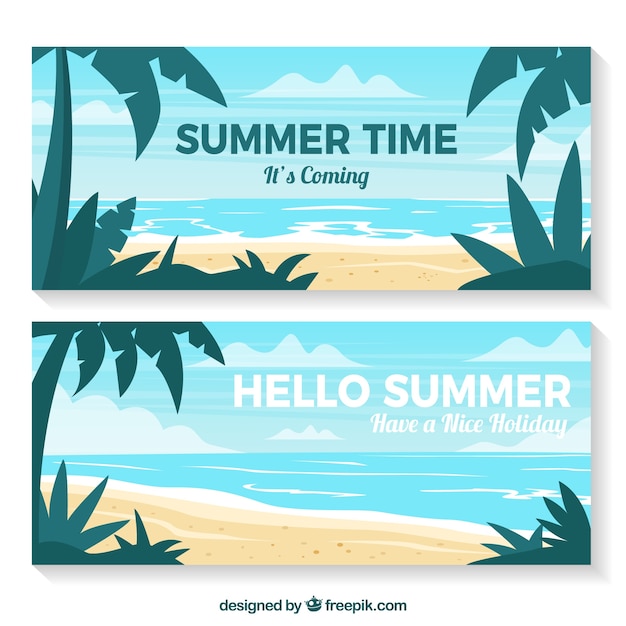 Gratis vector zomer banners met palmbomen en zeegezicht