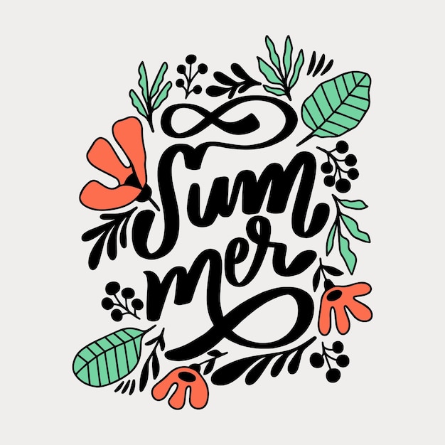 Gratis vector zomer belettering met bladeren en bloemen