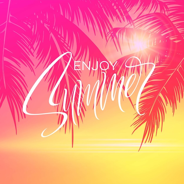 Zomer belettering poster met palmbomen achtergrond in roze kleuren