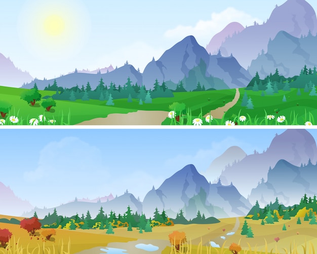 Gratis vector zomer en herfst bergen landschappen vector illustratie.