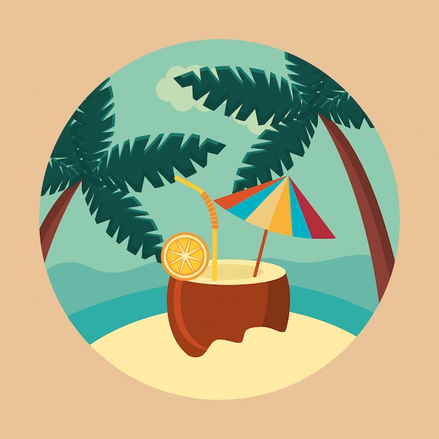 Zomer en reizen, verfrissing kokosnoot in het paradijs in een cirkel
