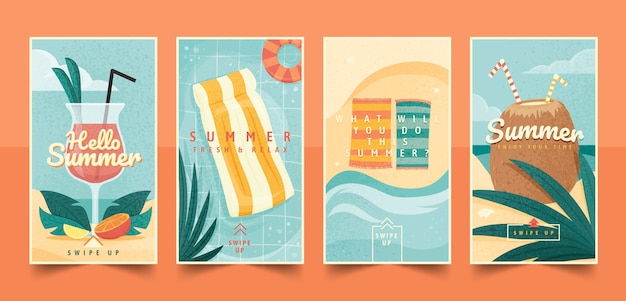 Gratis vector zomer handgetekende platte ig verhalencollectie