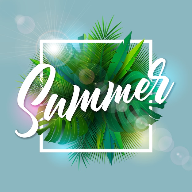 Zomer illustratie met typografie brief en tropische palmbladeren