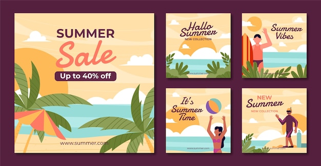 Gratis vector zomer instagram postsjabloon set