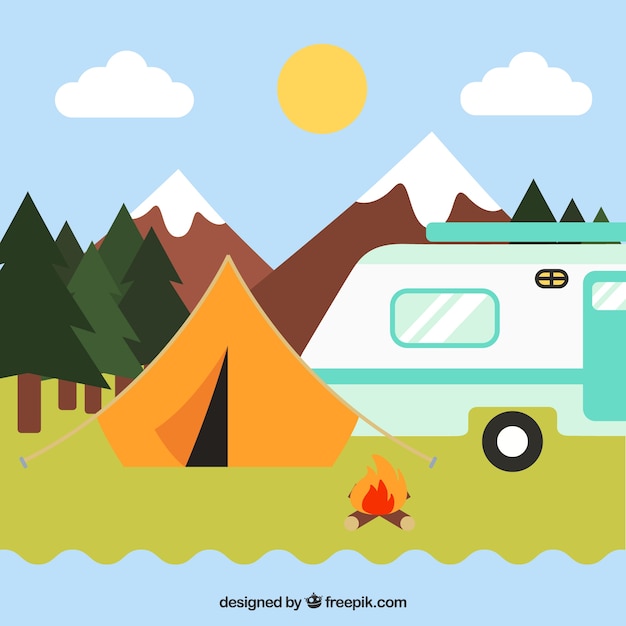 Gratis vector zomer kamp achtergrond met caravan