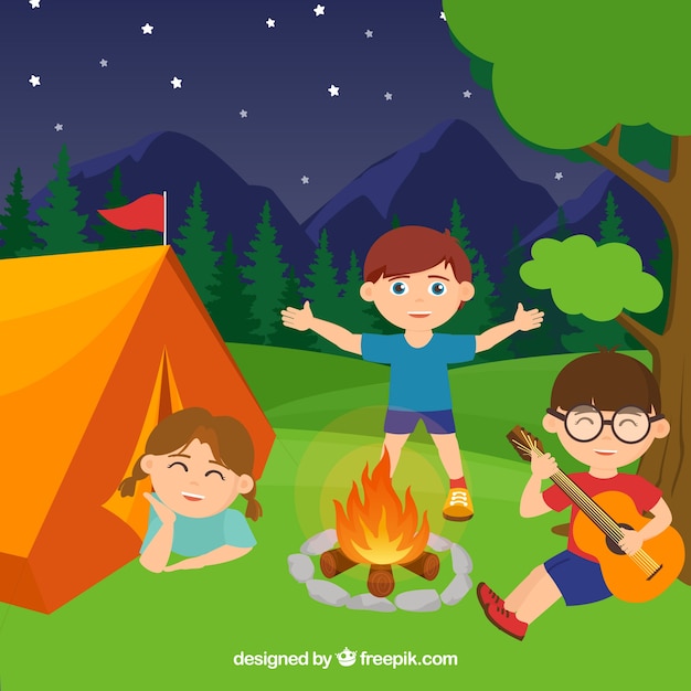 Gratis vector zomer kamp achtergrond met gelukkige kinderen