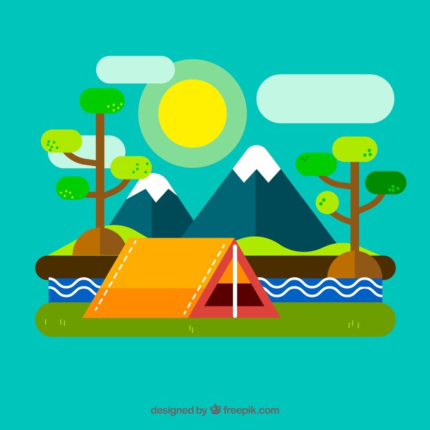 Gratis vector zomer kamp achtergrond met landschap in vlakke stijl