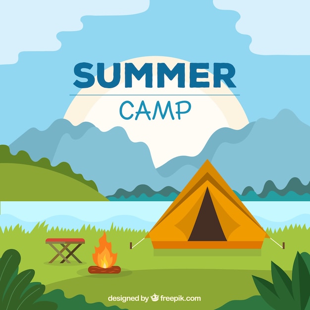 Gratis vector zomer kamp achtergrond met tent en kampvuur