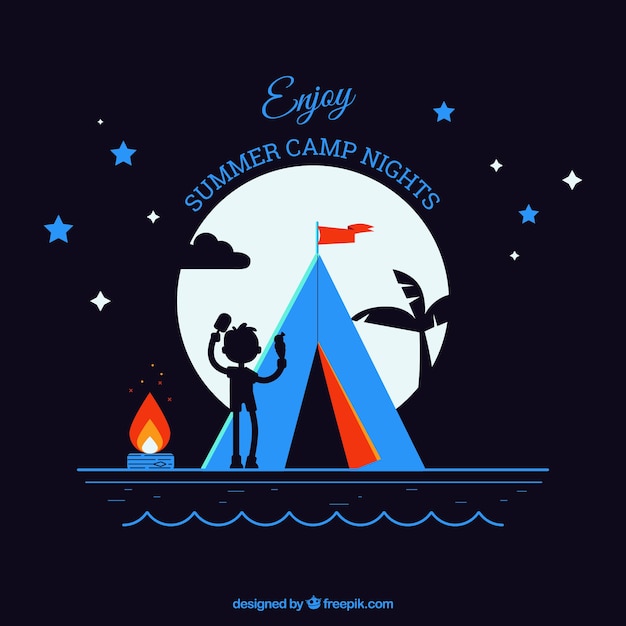 Gratis vector zomer kamp achtergrond met tent in de nacht