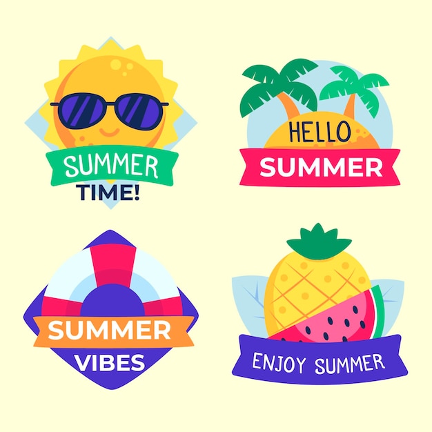Gratis vector zomer labels plat ontwerp