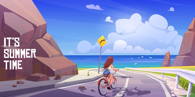 Zomer landschap met meisje op fiets en zee