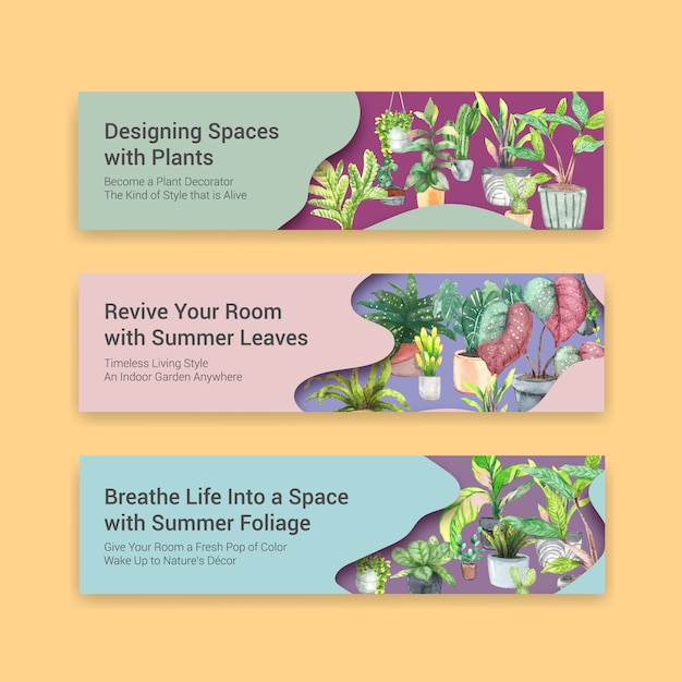 Zomer planten banner sjabloon ontwerp brochure, folder, adverteren en boekje aquarel illustratie