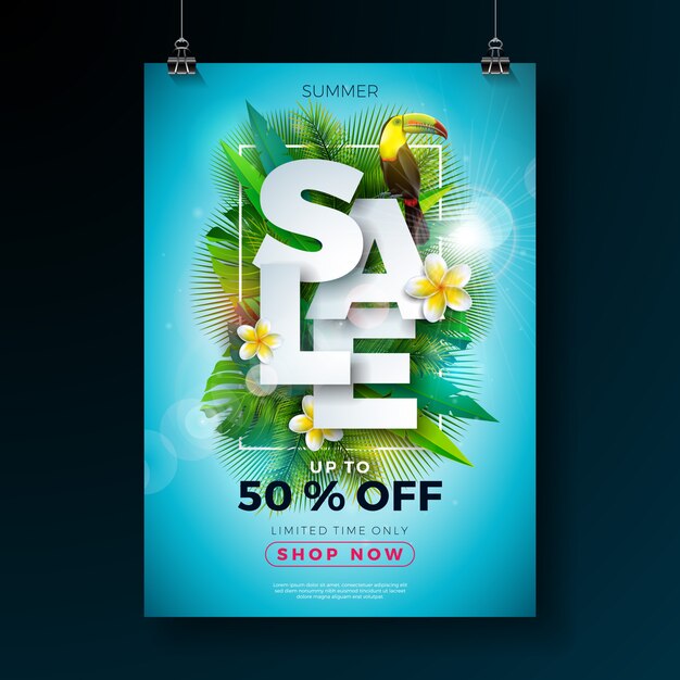 Zomer sale banner sjabloon met bloem en exotische bladeren