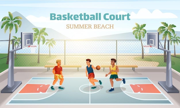 Zomer strand basketbalveld landschap met boom spelers cartoon vectorillustratie