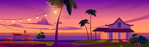 Zomer tropisch landschap met bungalow op oceaan strand, tafel en stoelen op terras bij zonsondergang