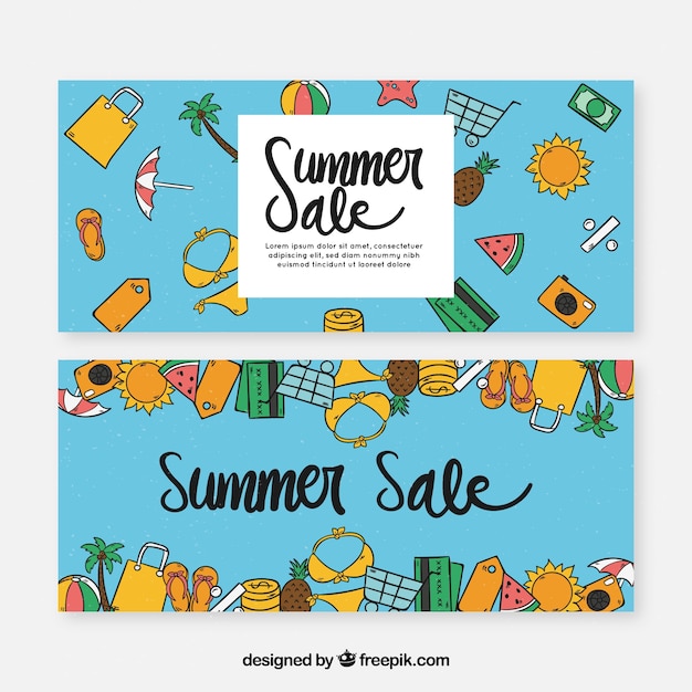 Zomer verkoop banners met hand getrokken elenemts