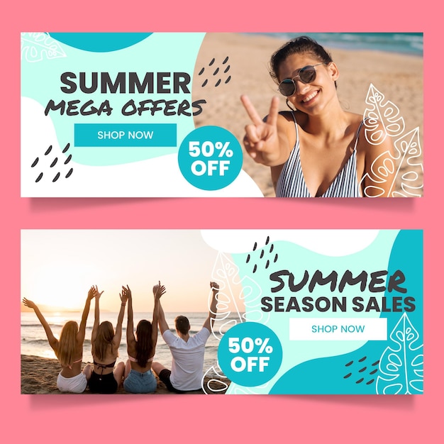 Gratis vector zomer verkoop banners met kleurovergang instellen met foto