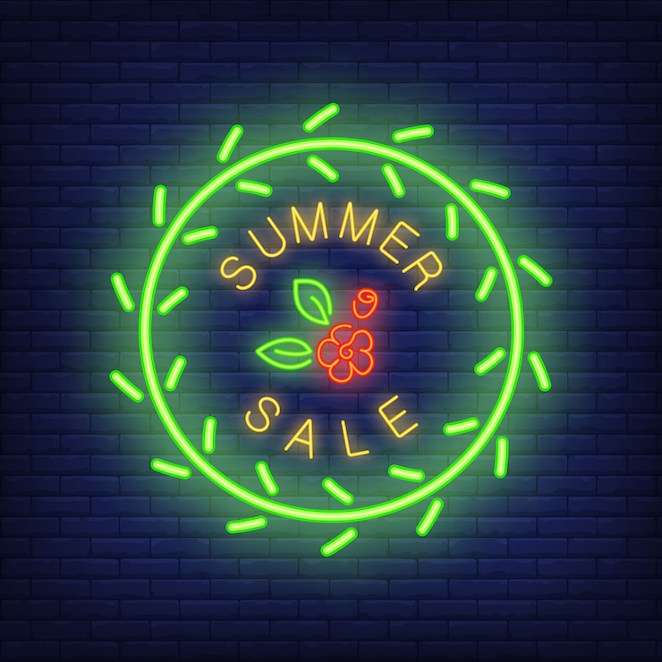 Gratis Vector zomer verkoop neon teken. gloeiende tekst in rond kader, groene kroon en rode bloem. night bright billbo