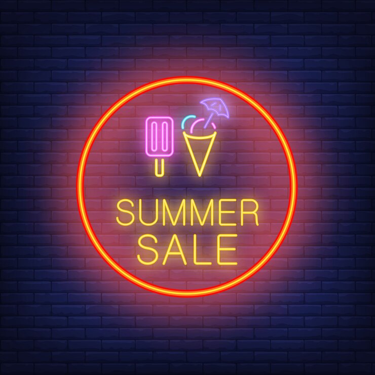 Gratis Vector zomer verkoop neon tekst en consumptie-ijs in cirkel. seizoensaanbieding of verkoopadvertentie
