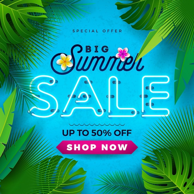 Zomer verkoop ontwerp met heldere neon tekst en bloem op blauwe achtergrond tropische aanbieding illustratie