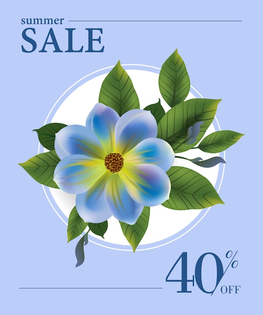 Zomer verkoop, veertig procent korting poster met blauwe bloem en groene bladeren op witte cirkel.