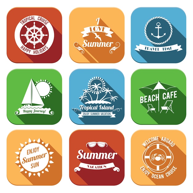 Zomer zee retro vakantie reistijd tropisch eiland plat embleems instellen geïsoleerde vector illustratie